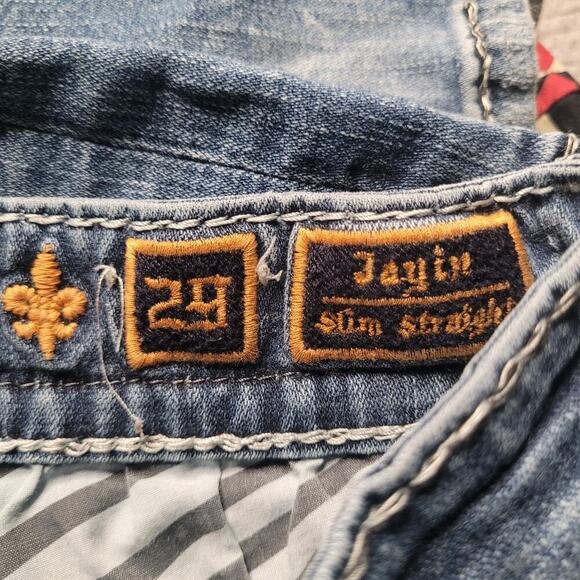Rock Revival Jayin Jeans Womens 29 Blue Fleur-de-Lis Flap Pockets Slim Straight - Picture 9 of 13